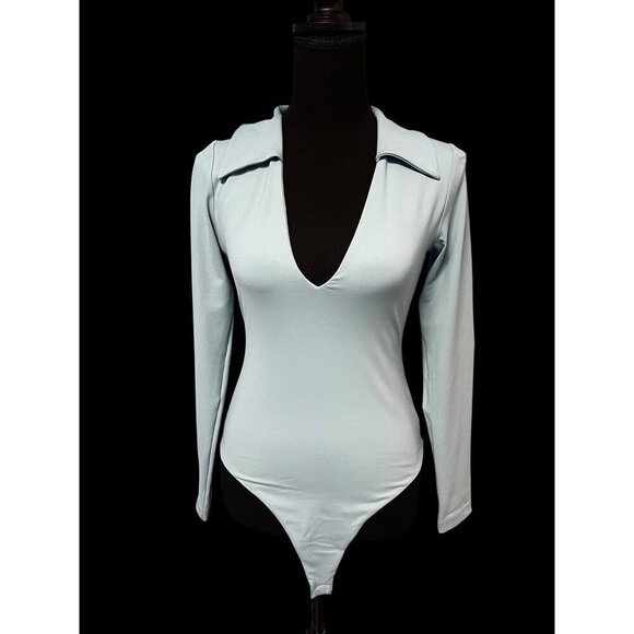 Susana Monaco Tops - Susana Monaco Womens Aqua Long Sleeve Bodysuit With Collar workattire profession